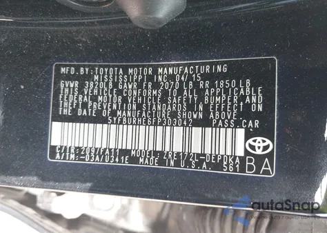 2015 Toyota Corolla L from USA, damaged, VIN 5YFBURHE6FP303042